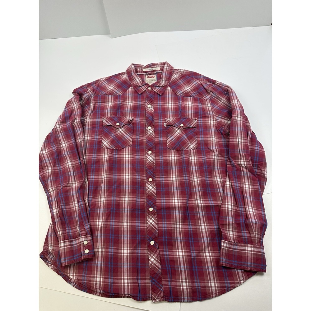 Levis Shirt Mens Pearl Snap Western Plaid Long Sleeve Pockets Red Size XXL